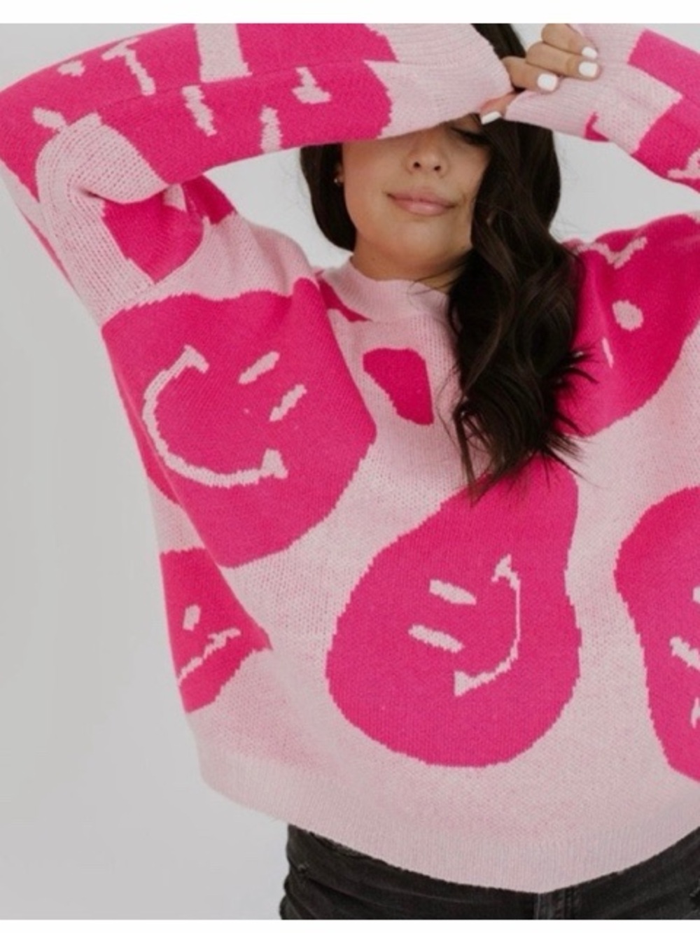 Altar’d State Don’t Worry Be Happy Pink Smiley Face Sweater